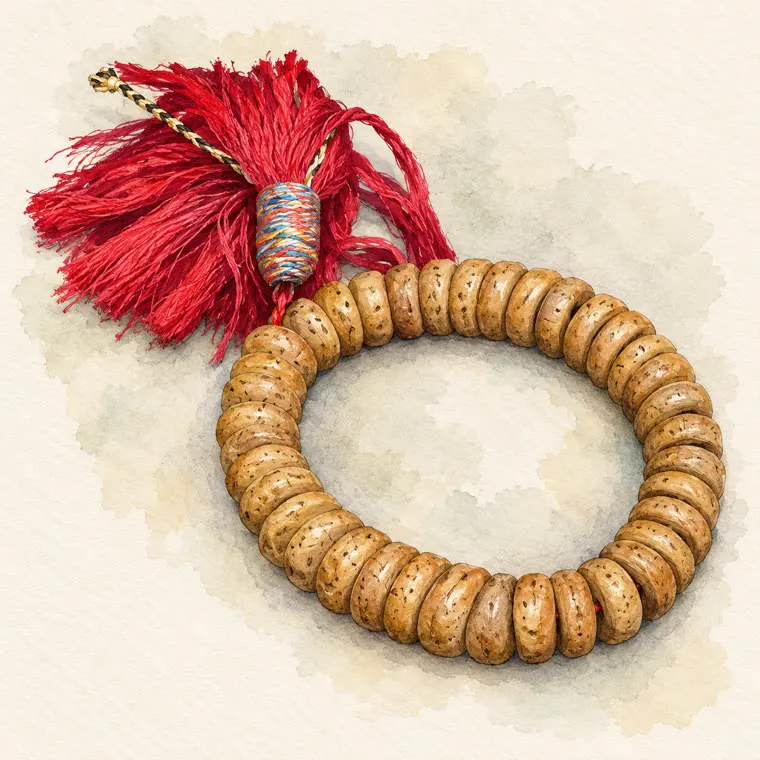 Hand-drawn illustration of a bodhi-seed bracelet