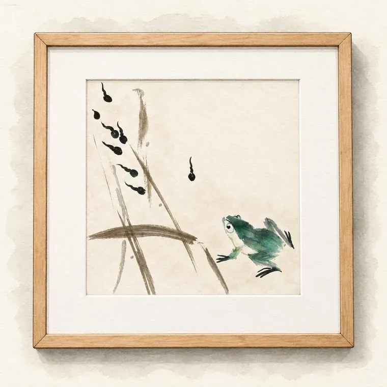 Hand-drawn illustration of the framed ink painting of a frog