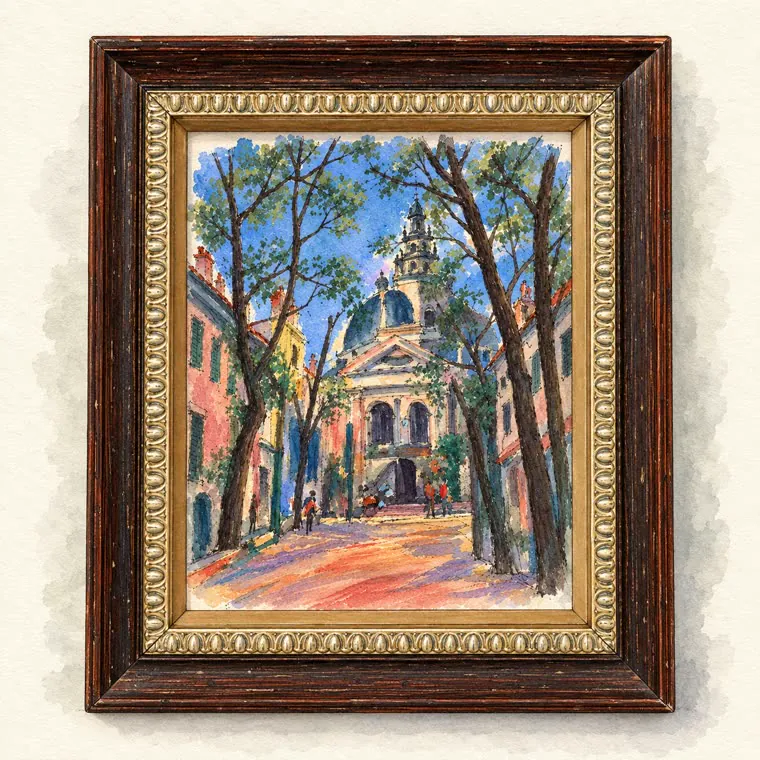 Hand-drawn illustration of the framed painting of a tree-lined street